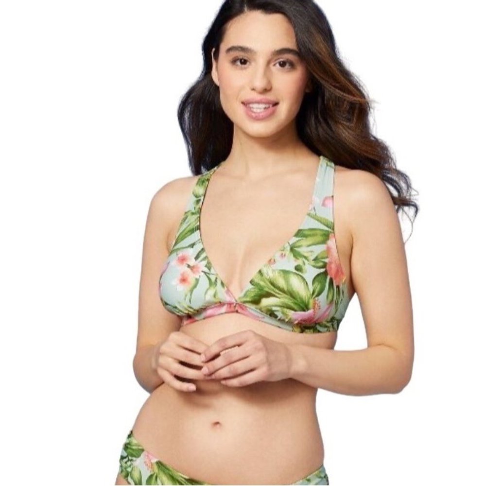 Kona Sol Elongated Triangle Tie Bikini Top Tropical Green Size S Adjustable New